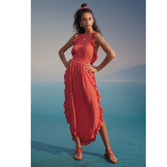 SEE by CHLOE: Red Polka Dot Silk Crepe Ruffled Halter Neck Dress (NWT) - Picture 1 of 9
